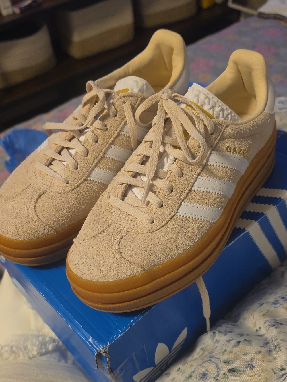 Adidas GAZELLE BOLD J Beige Suede Sneakers with White Stripes and Gum Sole
